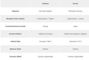 This picture summarizes the difference between hawkish and dovish monetary policies